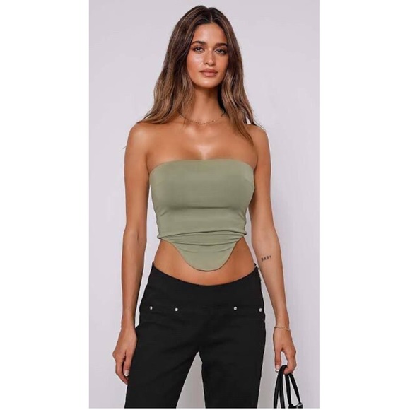 Tiger Mist Zephyr Olive Green Strapless Tube Crop Top - Picture 1 of 4